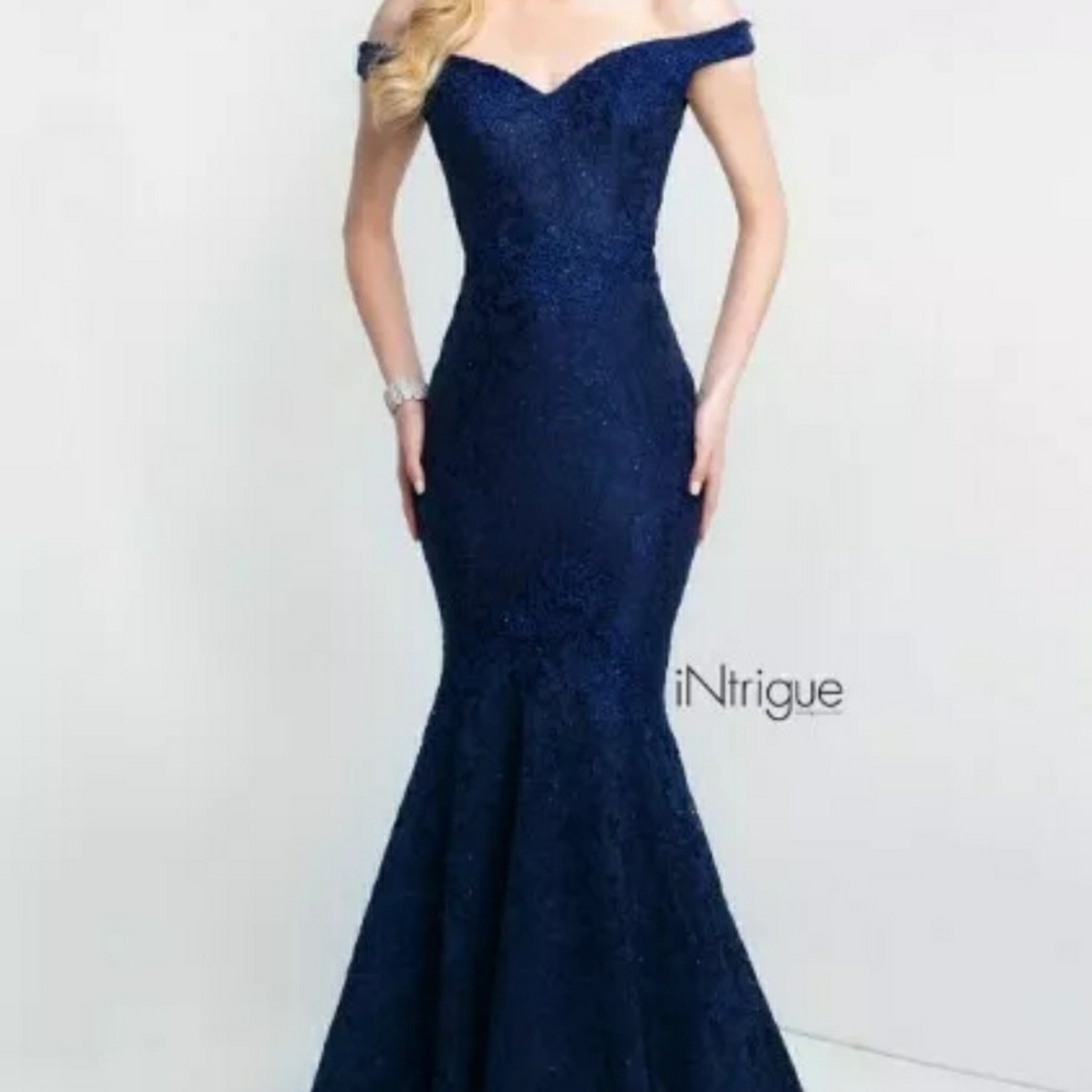 Lace navy blue off shoulder prom dress
